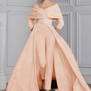 Off-Shoulder Peach Jumpsuit with Dramatic Cape